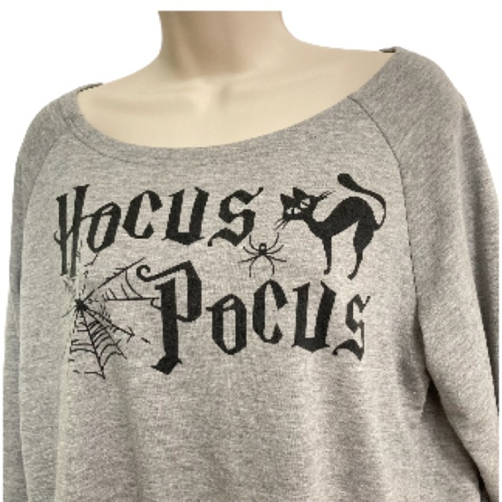 HOCUS POCUS Halloween Gray Sweatshirt Black Cat Spider Web Womens Large